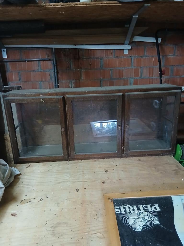 Authentiek vintage houten apothekerskastje met glazen deuren, Antiek en Kunst, Ophalen of Verzenden