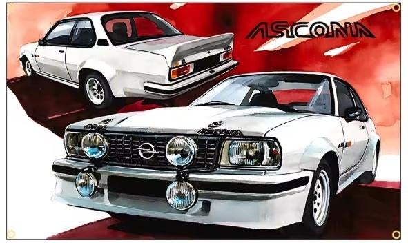 OPEL ASCONA 60X90 BANNER RETRO MET BEVESTIGGINGS OGEN, Ophalen of Verzenden, Nieuw