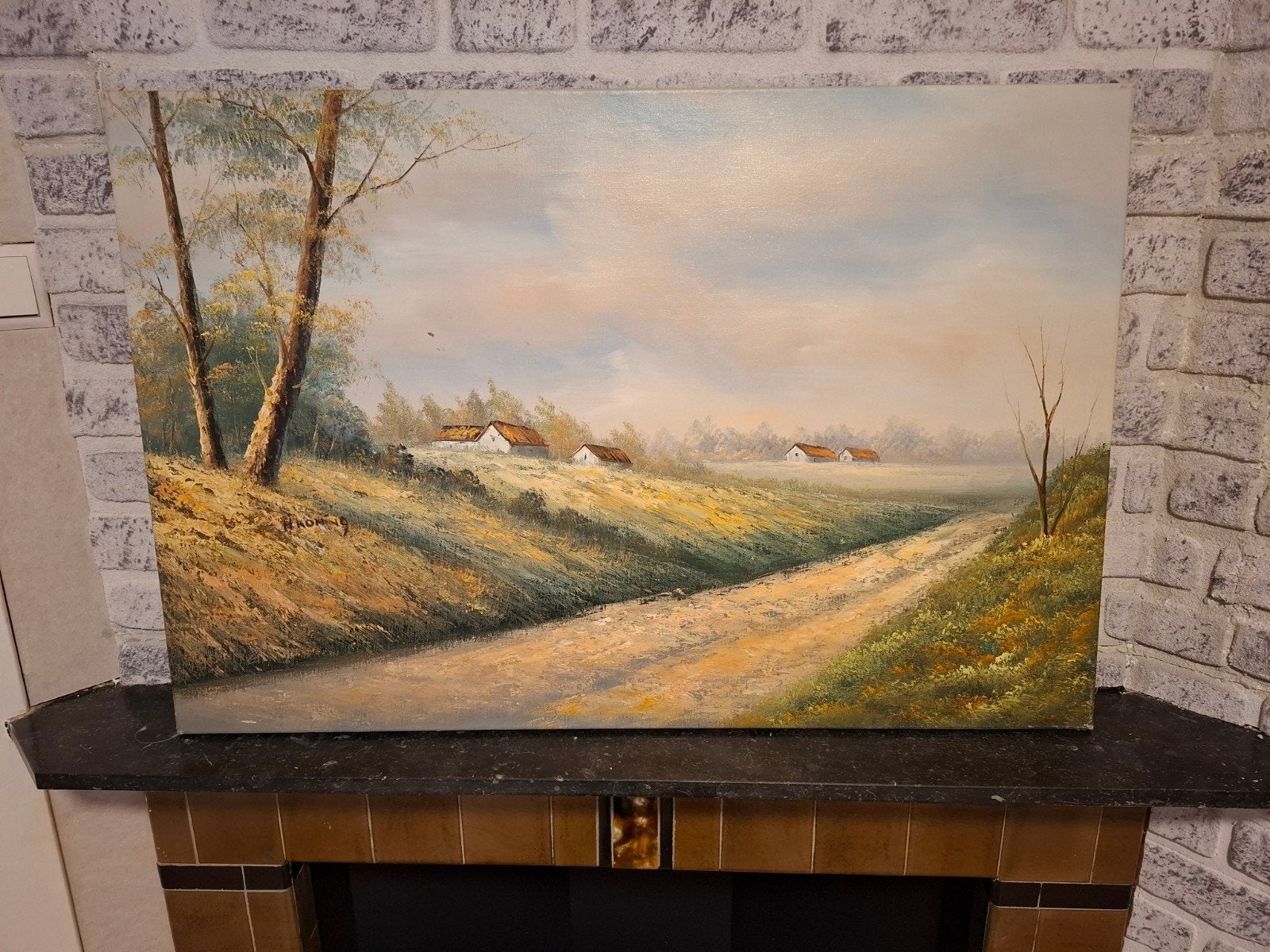 Schilderij H. Koning - Landschap met boerderijen, Antiek en Kunst, Ophalen of Verzenden