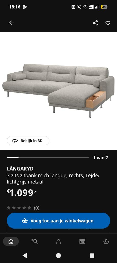 Ikea Långaryd 3 zits met longue, Ophalen, 250 tot 300 cm, Ikea, modern, Scandinavisch, Driepersoons