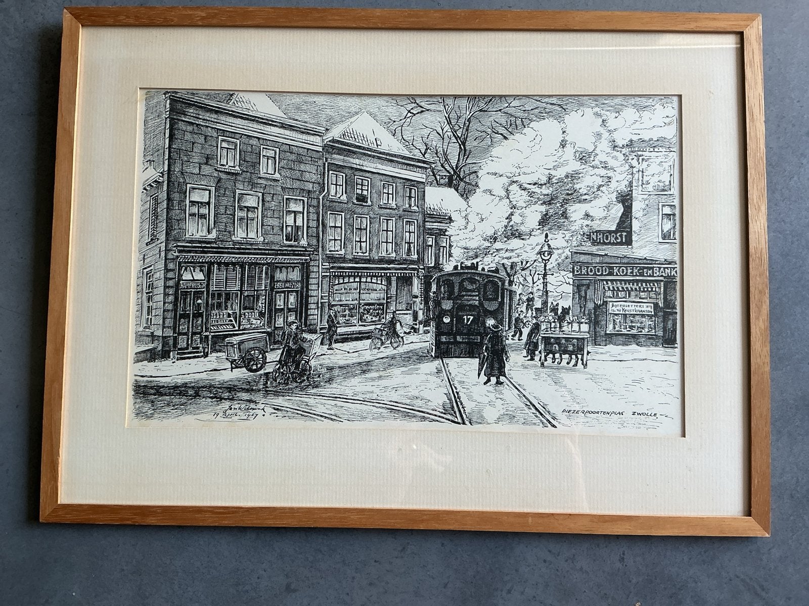 Pentekening Zwolle Diezerpoortenplas 1967 Jan Wilmink, Ophalen, Tekening, Pentekening, Achter glas