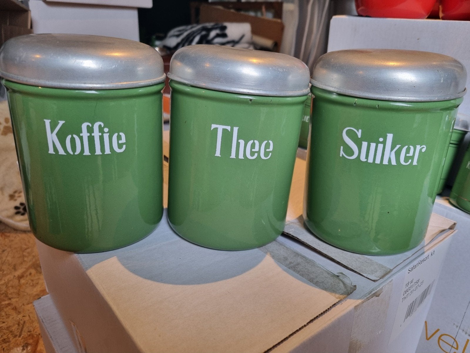 Vintage Resedagroene Emaille Bussenset Koffie, Thee, Suiker), Verzenden