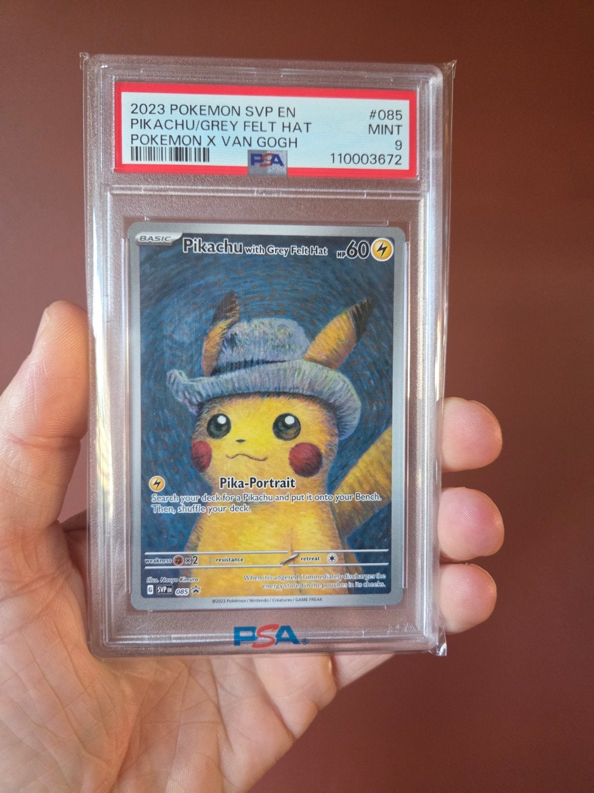 Pikachu van Gogh PSA 9 + Insert Card, Ophalen of Verzenden, Zo goed als nieuw, Losse kaart