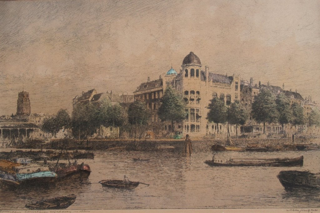 M. de Jongere (1912-1977): Leuvehaven hoek Wijnhaven, Ets, Ophalen of Verzenden, 1900 - 1949, Genummerd