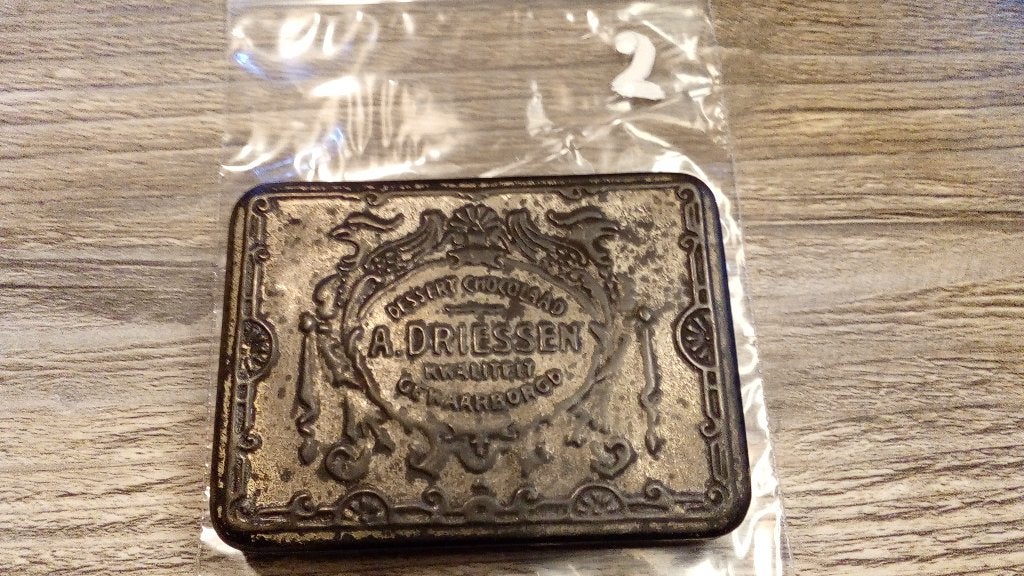 Antiek A. Driessen Dessert Chocolade Blikje monsterblikje 2, Verzamelen, Blikken, Gebruikt, Overige, Overige merken, Ophalen of Verzenden
