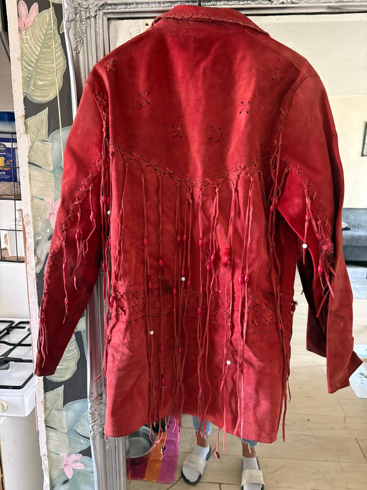 Vintage Suède Franje Jasje Rood Western Look Maat M/L, Kleding | Dames, Ophalen of Verzenden, Gedragen, Maat 38/40 (M), Rood