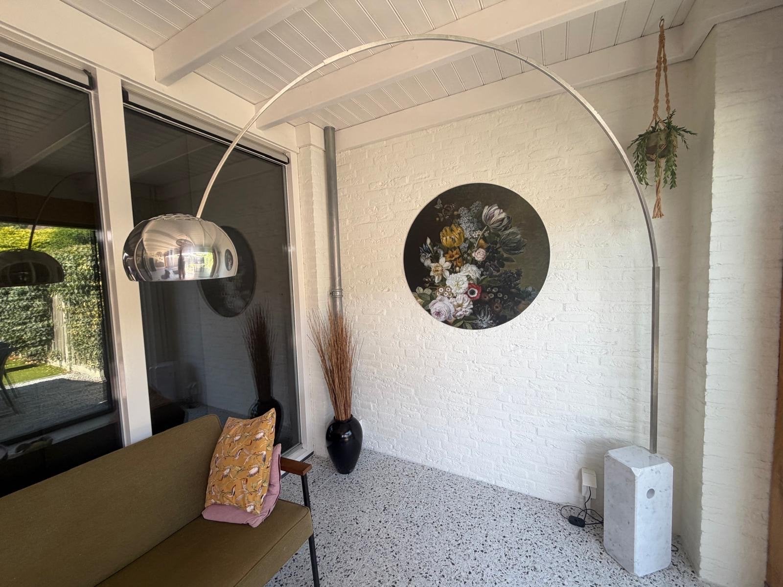 Flos Arco Booglamp - Marmeren Voet, RVS Boog, Chroom Kap, Ophalen, Gebruikt, 200 cm of meer, E27 (groot)