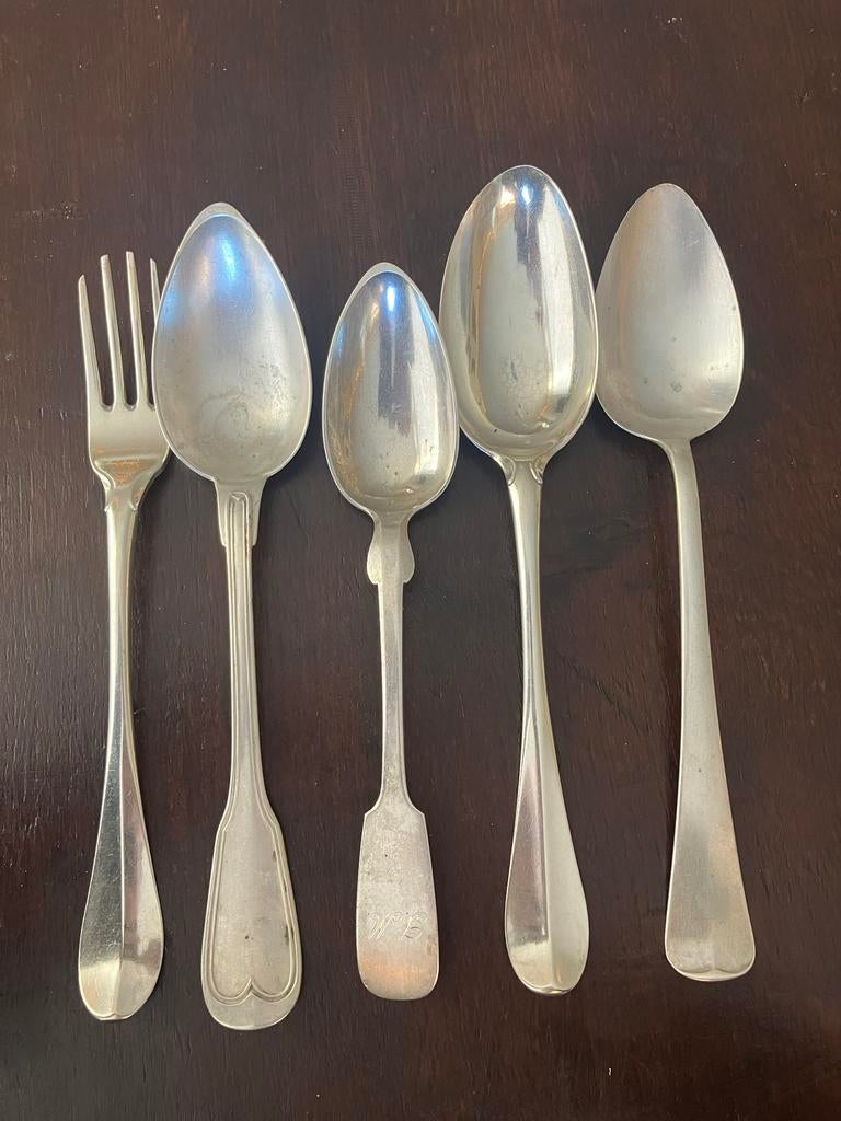 4 lepels en vork zilver antiek, Antiek en Kunst, Ophalen of Verzenden, Zilver