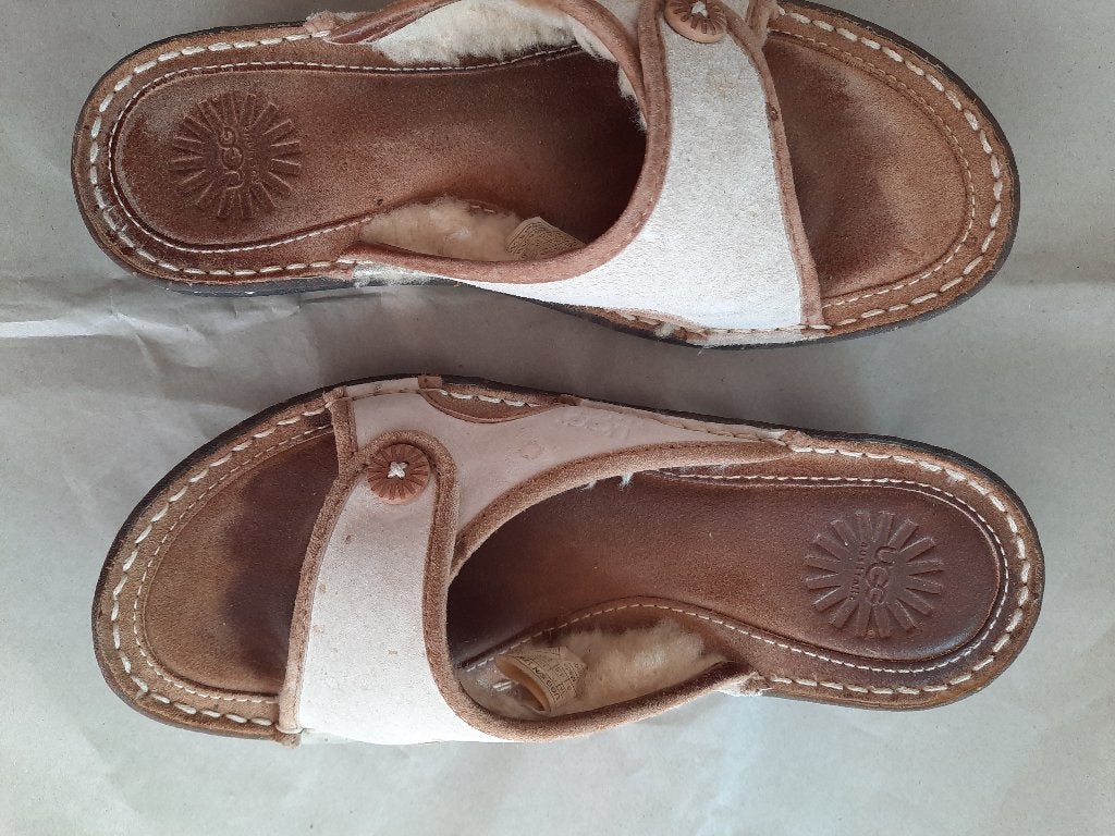 UGG DAMES SUEDE & BONT SLIPPERS, Bruin, Verzenden, Zo goed als nieuw, Pantoffels of Sloffen