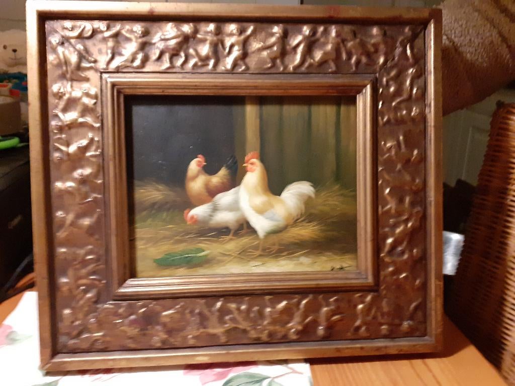 Olieverf/Paneel Schilderij "De Kippen" in Sierlijst gesign., Ophalen of Verzenden