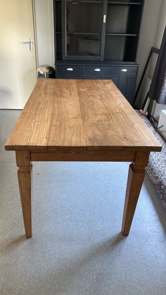 massief teakhouten kloostertafel / landelijke eettafel, Ophalen, Gebruikt, 100 tot 150 cm, Teakhout