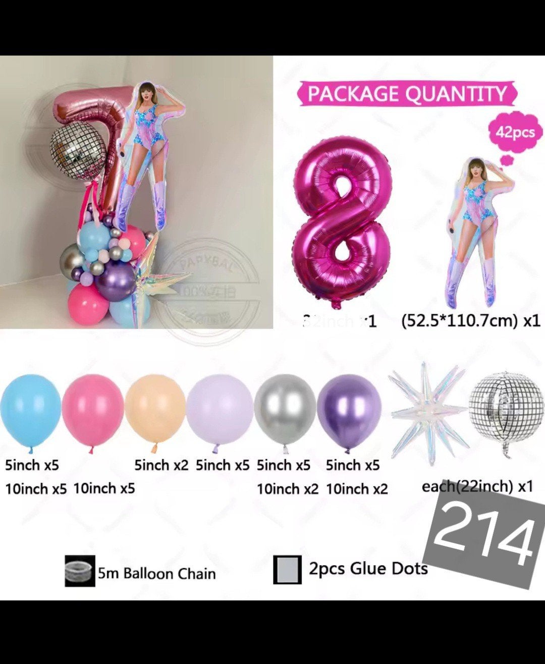 Taylor Swift Cijfer 8 Ballon & Decoratie (42 stuks), Ophalen, Nieuw, Versiering, Verjaardag