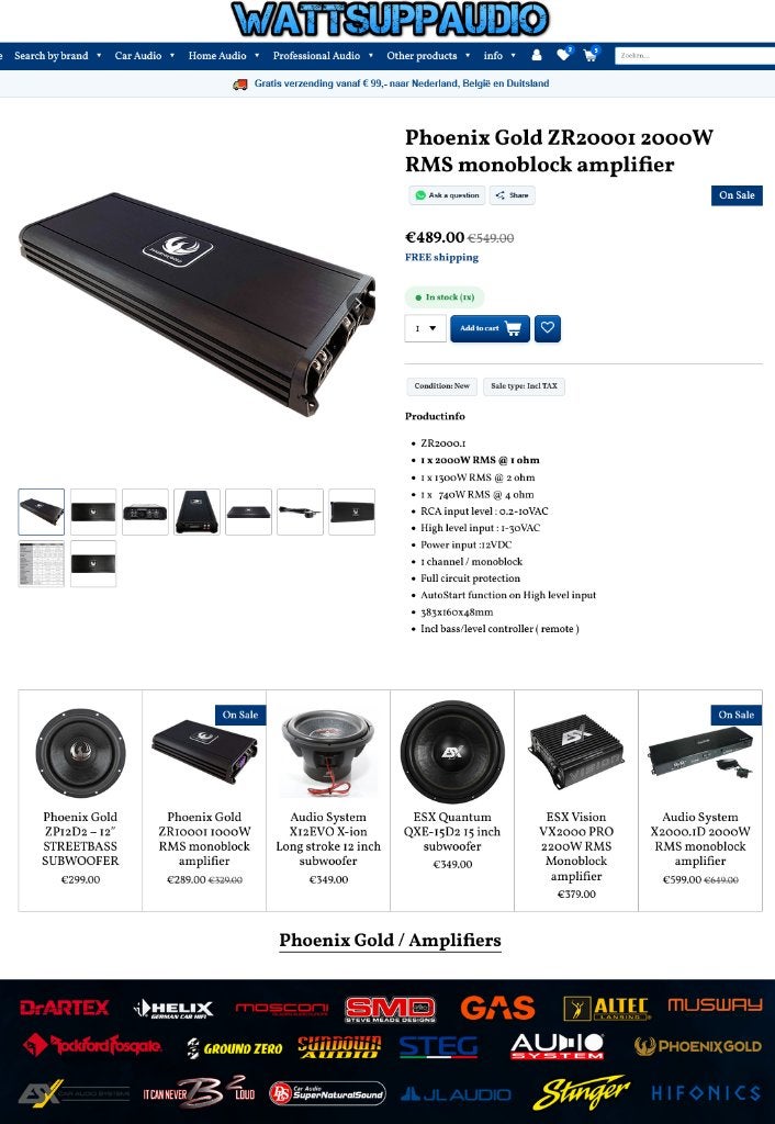 Phoenix Gold ZR20001 2000W RMS monoblok versterker, Hifi-Focus, Aalsmeerderweg 173 1432 CL, Aalsmeer, Nieuw, Ophalen of Verzenden