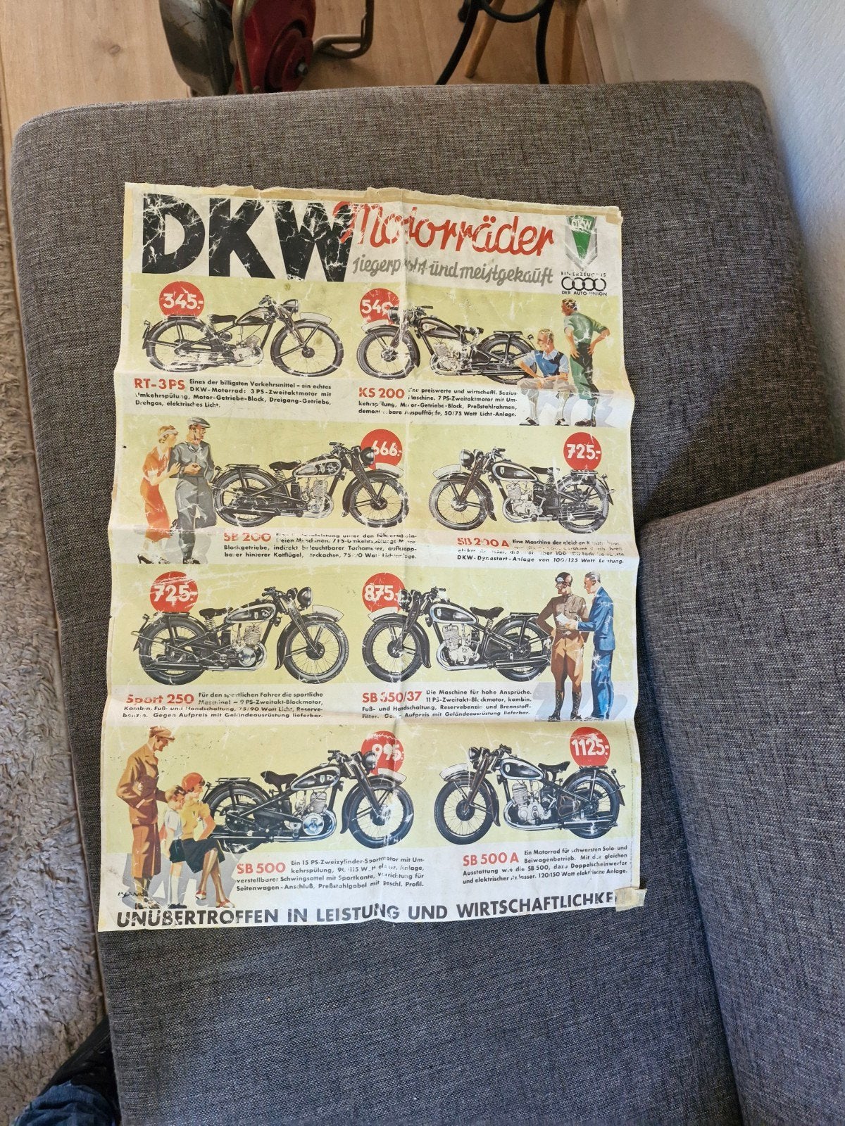 Zeldzame DKW Motorfietsen Reclame Poster - Vintage, Verzamelen, Ophalen of Verzenden, A1 t/m A3, Overige onderwerpen, Rechthoekig Staand