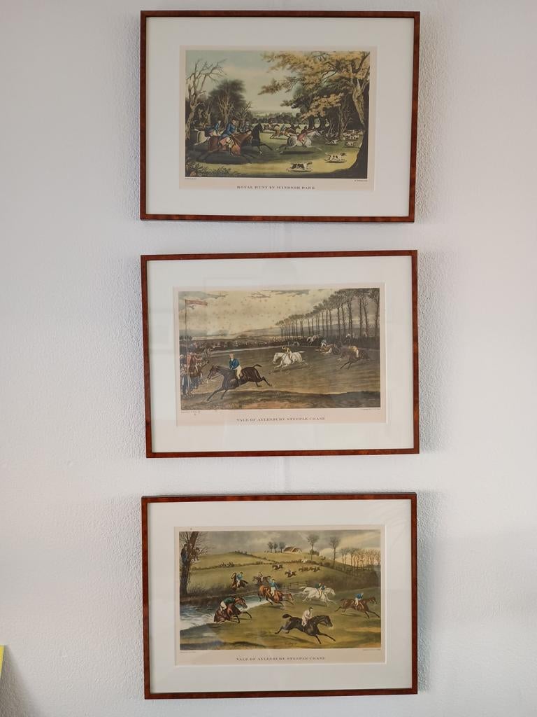 Set van 3 ingelijste jacht- en paardenrennen prenten, Ophalen of Verzenden