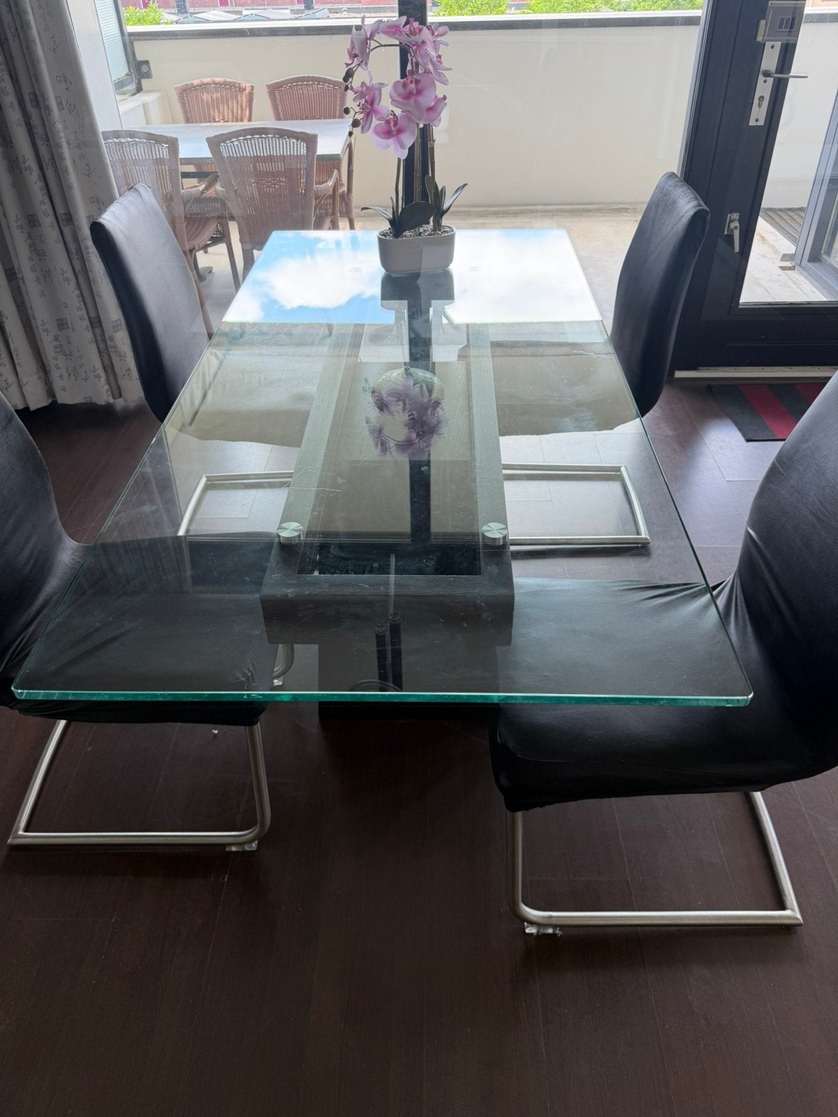 Glazen eettafel (4 stoelen gratis erbij), Huis en Inrichting, Tafels | Eettafels, Ophalen, Gebruikt, 50 tot 100 cm, Glas