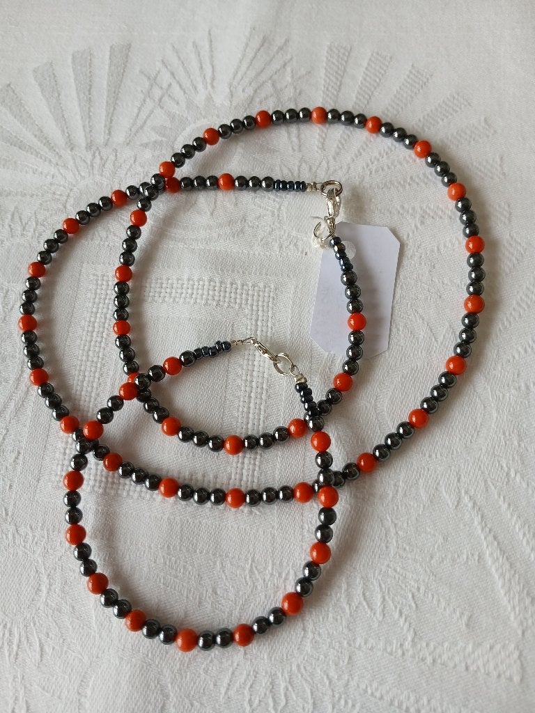 Bloedkoraal-Hematiet kralen snoer +armband, Sieraden, Tassen en Uiterlijk, Kettingen, Verzenden, Nieuw, Oranje, Steen of Mineraal