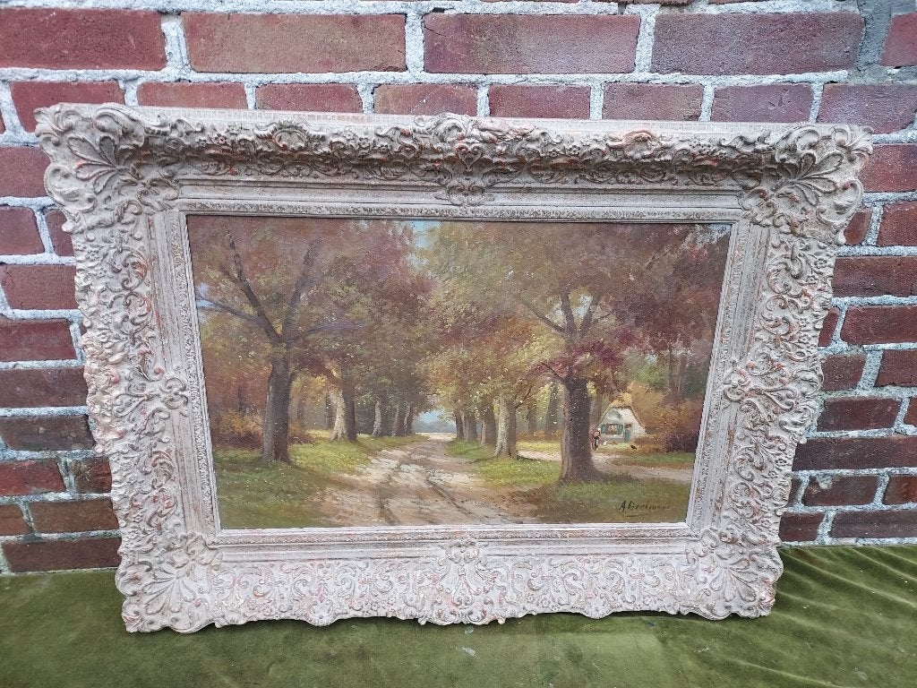 Schilderij, boslandschap met boerderij en kippen., Antiek en Kunst, Ophalen, Doek, Oud hollands, Olieverf