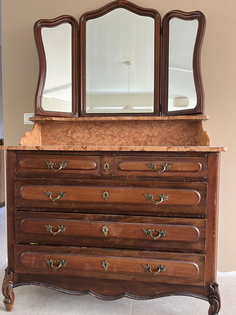 Antieke ladekast commode kaptafel marmer blad incl spiegel, Ophalen, 100 tot 150 cm, Zo goed als nieuw, 3 of 4 laden