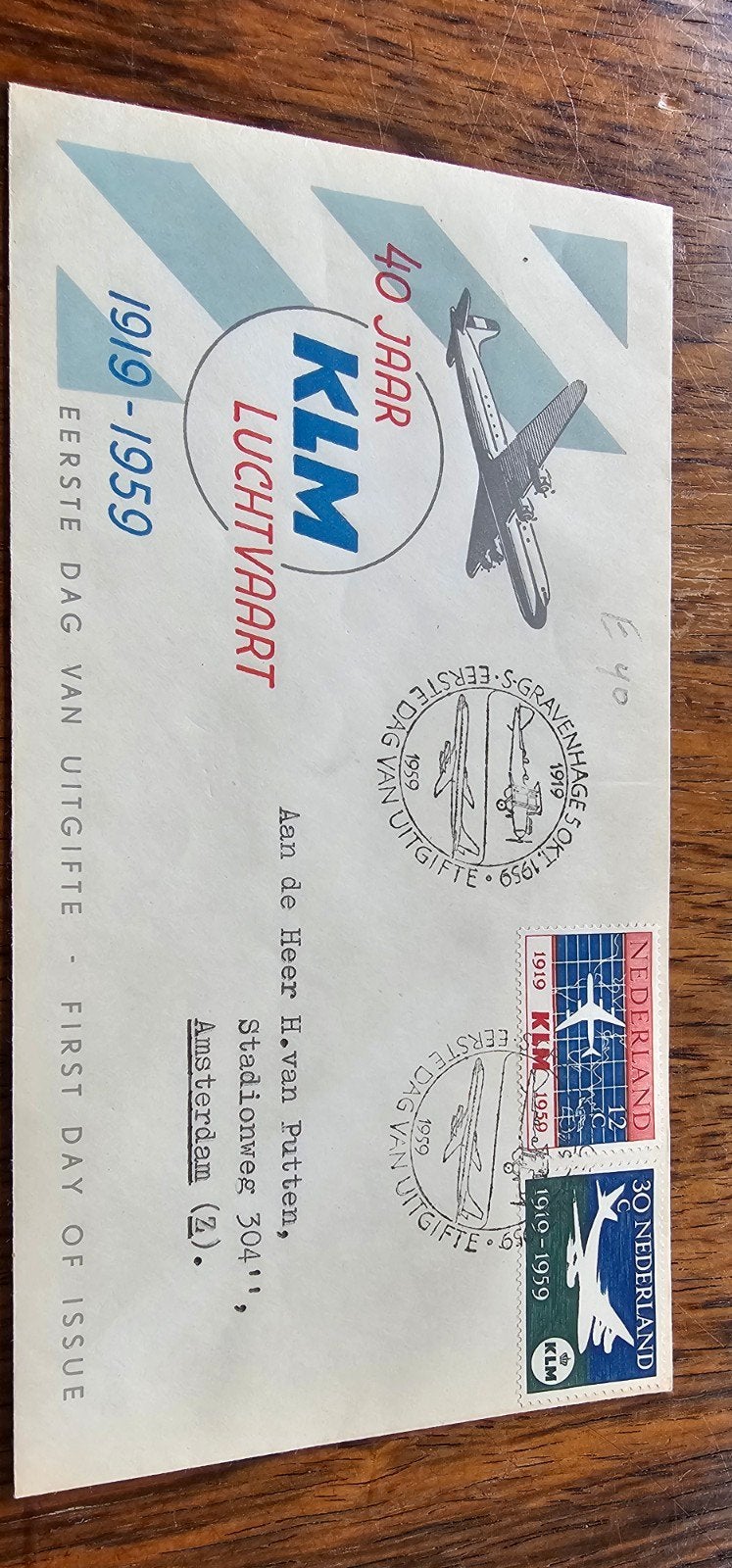 FDC Nederland 40 Jaar KLM Luchtvaart 1919-1959, Postzegels en Munten, Verzenden, Beschreven, Nederland