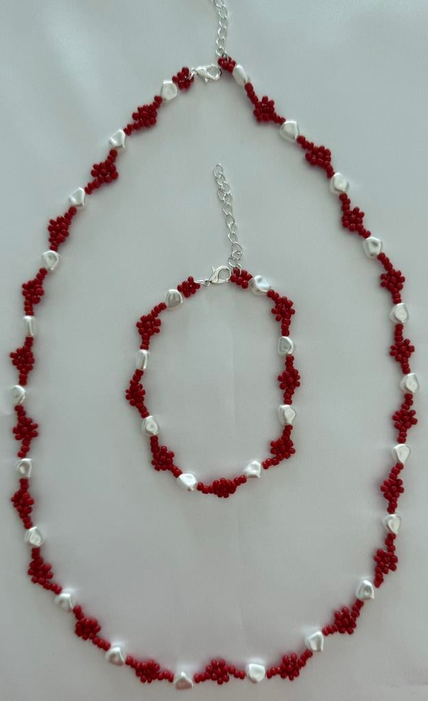 Red Daisy Necklace, Pearl Beaded Necklace, Handmade Jewelry, Overige materialen, Verstelbaar, Verzenden, Nieuw