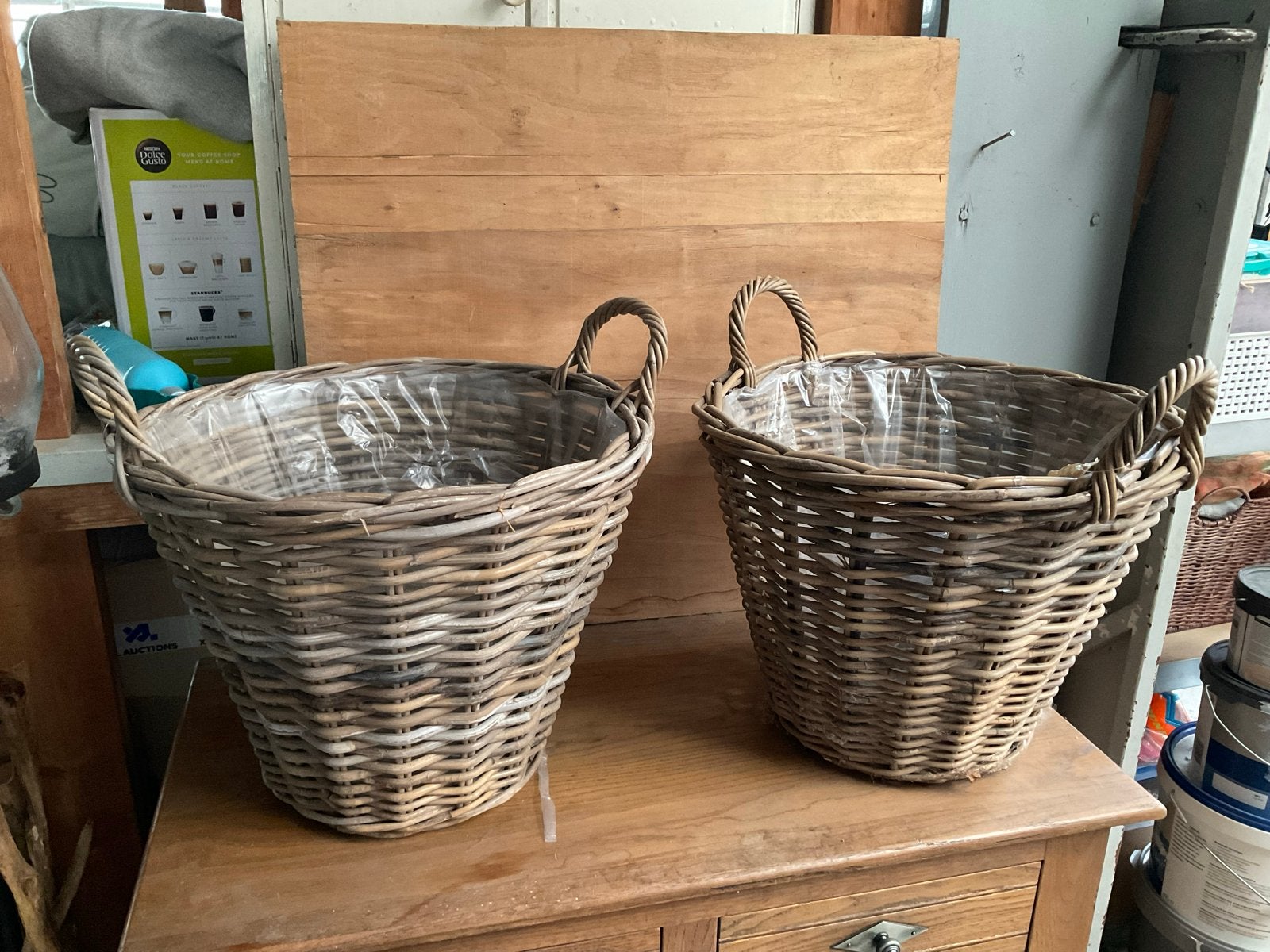Set van 2 rieten bloempotten met handvatten, 25 tot 40 cm, Overige materialen, Gebruikt, Rond