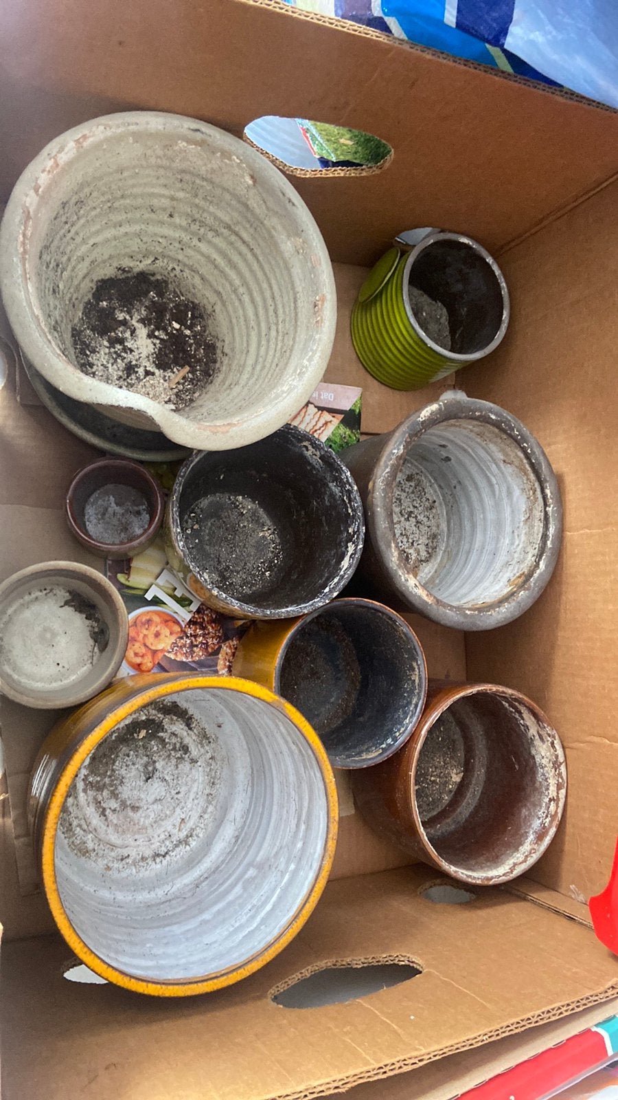 Alle potten €5,- samen jaren 70 vintage oker oudgroen bruin, Tuin en Terras, Bloempotten, Ophalen, Rond, Aardewerk, Minder dan 40 cm