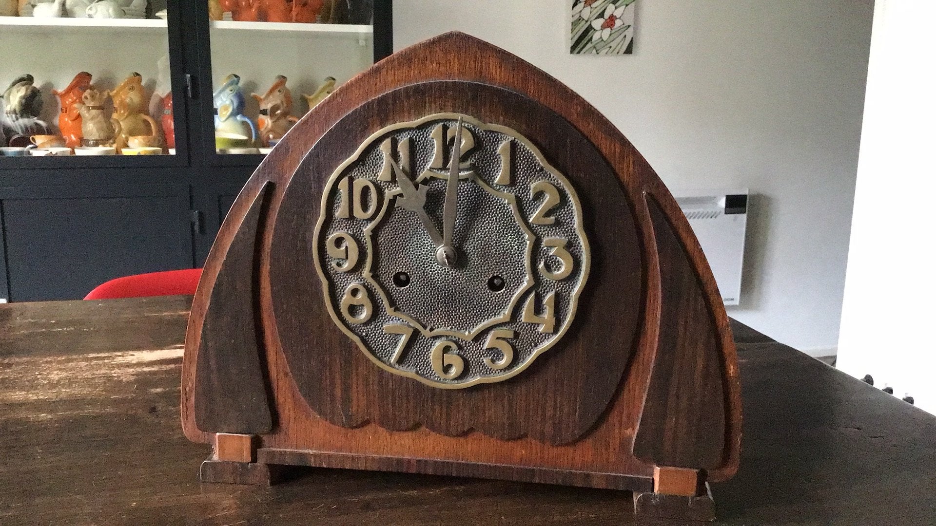 Oude antieke art deco klok brons coromandel eiken hout, Antiek en Kunst, Ophalen