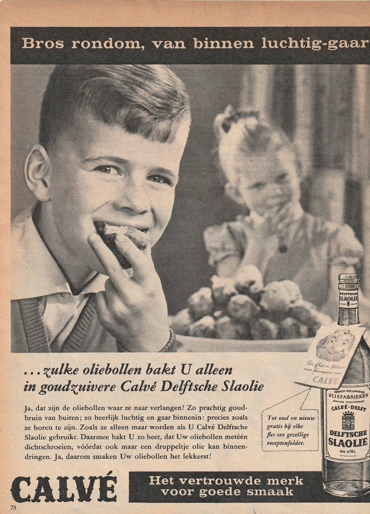 Retro reclame 1959 Calvé slaolie jongetje oliebollen, Verzenden, Overige typen