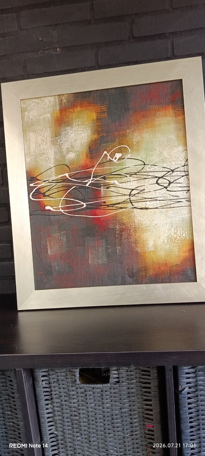Abstract Schilderij met Warme Kleuren en Zilveren Lijst, Ophalen