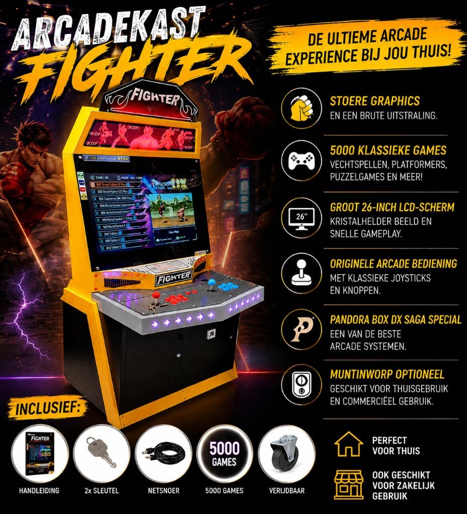 Arcadekast fighter - Spelletjes - Arcade - Spelautomaat, Kouwehoek 1b, Meerkleurig, Overige stijlen, Nieuw
