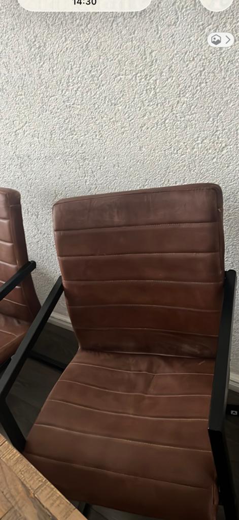 Leren eetkamerstoel met metalen frame, Huis en Inrichting, Stoelen, Ophalen, Gebruikt, Bruin, Leer