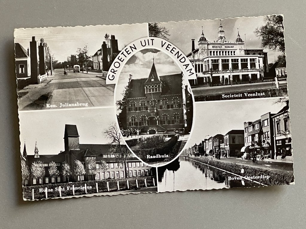 gelopen ansichtkaart van Veendam uit de jaren 50, Ophalen of Verzenden, 1940 tot 1960, Gelopen, Groningen