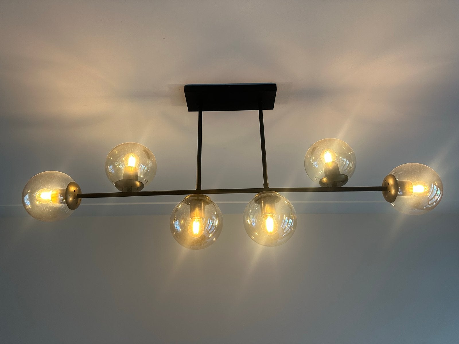 Moderne hanglamp met 6 glazen bollen - Zwart/Brons, Ophalen, Zo goed als nieuw, Glas, E27 (groot)