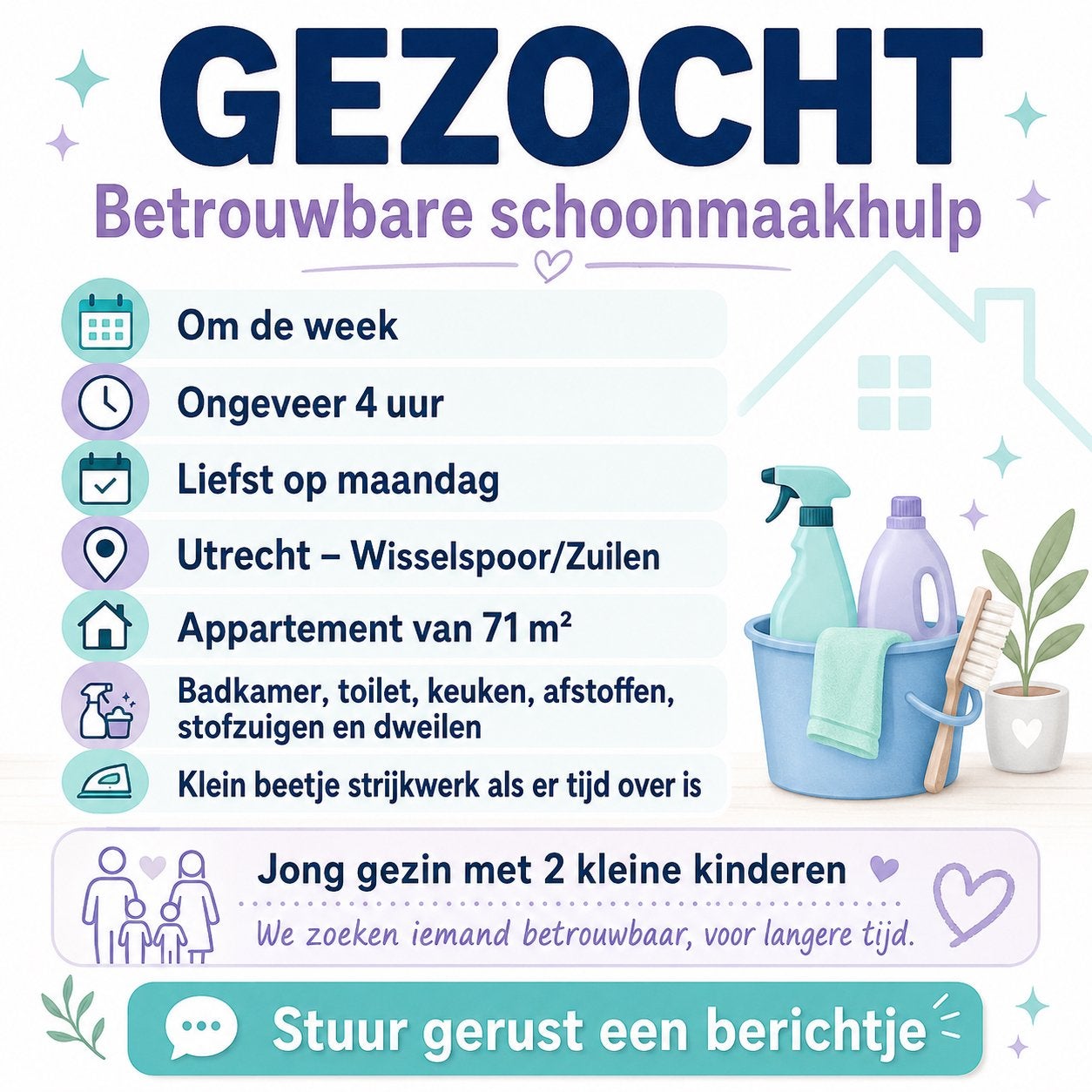 Schoonmaakhulp gezocht – om de week op maandag | Utrecht, Overige niveaus, Overige vormen