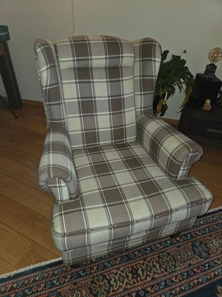 Oorfauteuil geruite stof bruin/crème, Huis en Inrichting, Fauteuils, Ophalen, 75 tot 100 cm, Stof