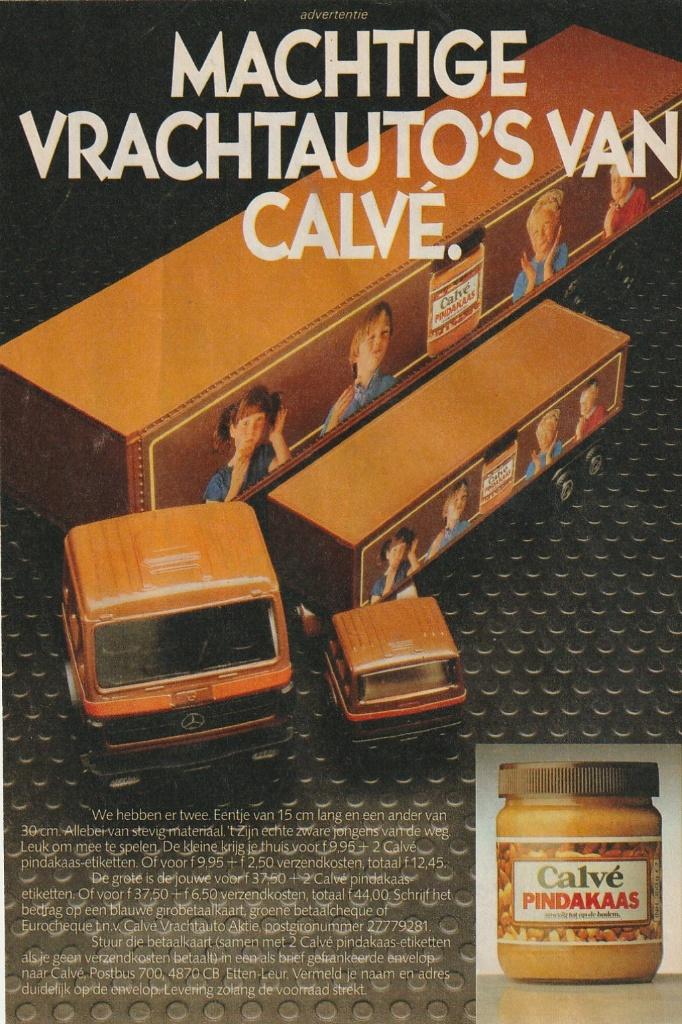 Retro reclame 1983 Calvé pindakaas speelgoed vrachtwagens, Verzamelen, Verzenden, Overige typen