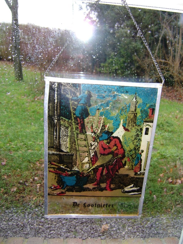 Oude raamhanger - De Lootgieter - glas in lood, Antiek en Kunst, Antiek | Glas en Kristal, Ophalen of Verzenden