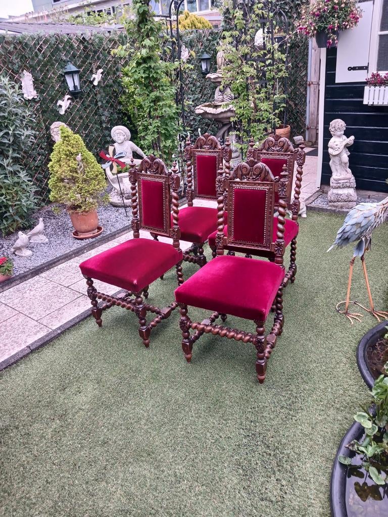 Set van 4 antieke stoelen met rood fluweel, Antiek en Kunst, Ophalen of Verzenden