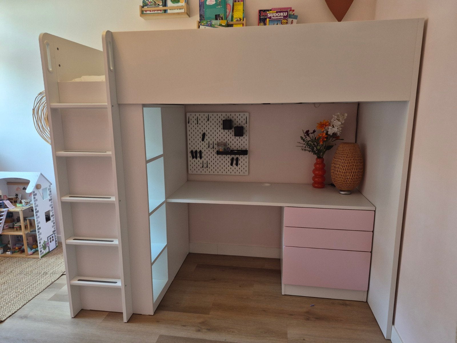 Ikea Smastad Hoogslaper 90x200 Roze met Bureau & Kast, Ophalen, 100 cm, Hoogslaper, Eenpersoons