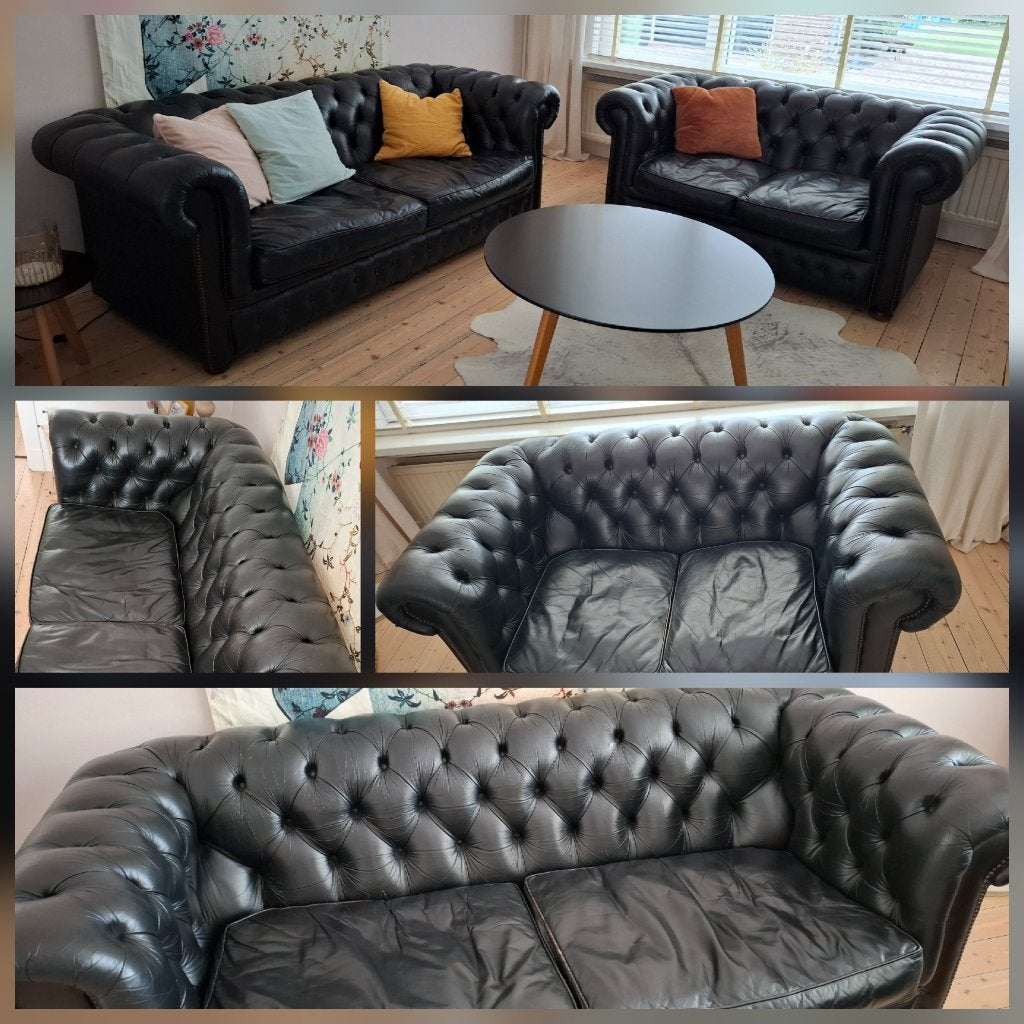 2 zwarte Chesterfield bankjes, Ophalen, Gebruikt, Overige maten, 150 tot 200 cm