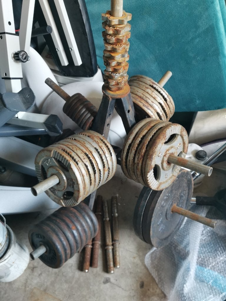 95KG Halterschijven 53 stuks 30mm Stang 4 Dumbells, Ophalen, Gebruikt, Benen, Halterschijven