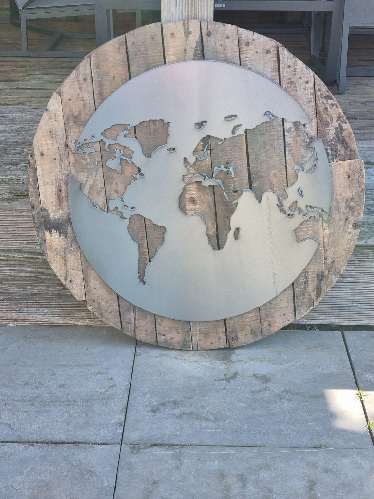 Wanddecoratie Wereldkaart Hout & Metaal - Ø 100 cm, Ophalen, Industrieel, Hout, Meerkleurig