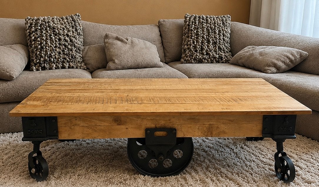 Industriële mangohout salontafel, Huis en Inrichting, Tafels | Salontafels, Ophalen, 100 tot 150 cm, 50 tot 100 cm, Zo goed als nieuw