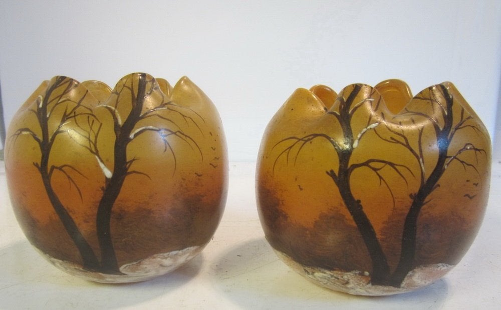 2 antieke mini Legras bowls winterlandschap, email, Ophalen of Verzenden