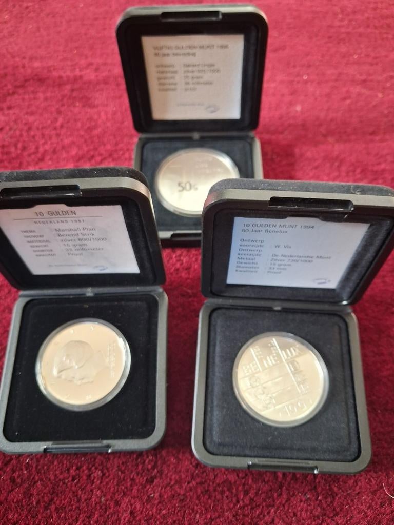 Zilveren Proof Munten: 50 Gulden 1995 & 10 Gulden 1994, 1997, Setje, Koningin Beatrix, Zilver, Overige waardes