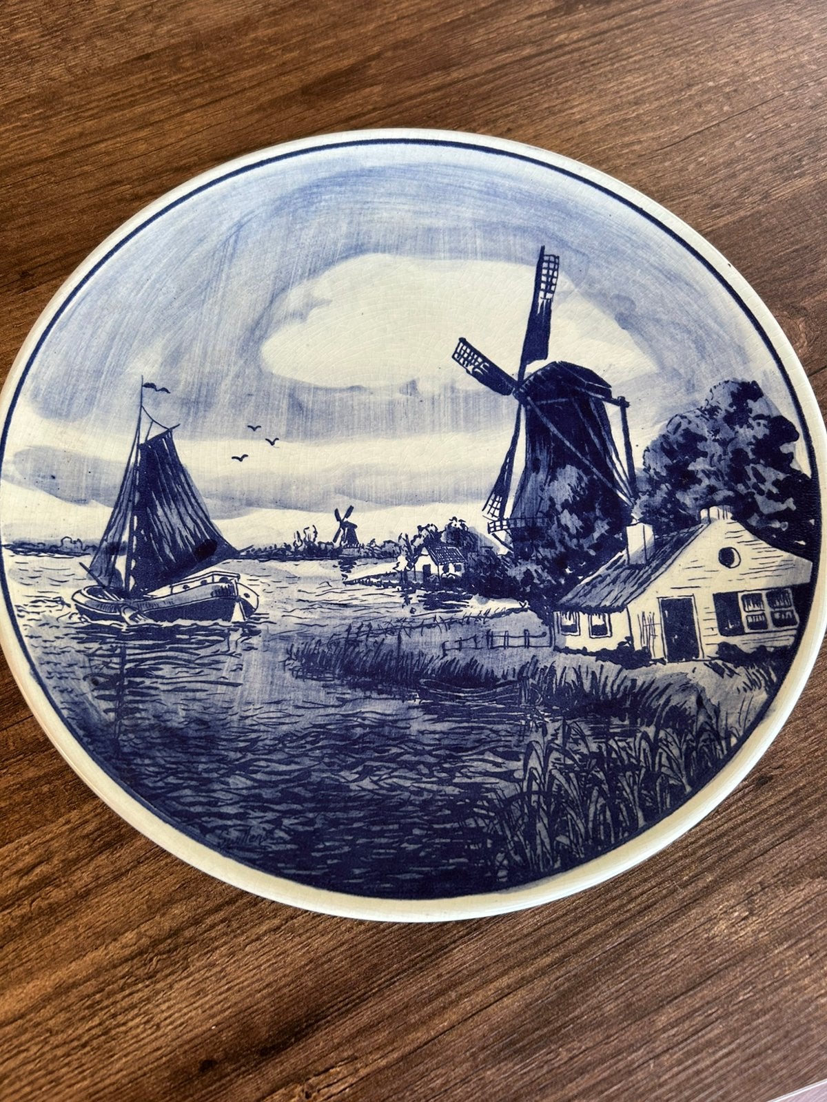 Groot Delfts Blauw wandbord 30 cm landschap/molen, Ophalen of Verzenden