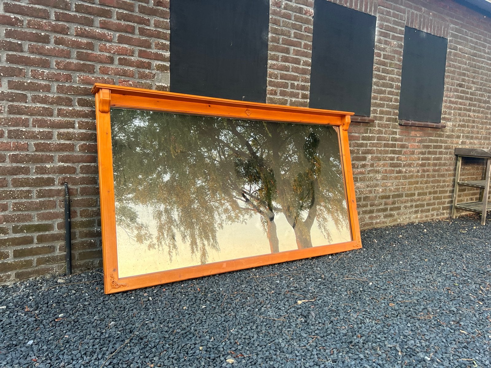 Grote spiegel met houten lijst - beschadigd, Ophalen, Rechthoekig, 150 tot 200 cm, Minder dan 100 cm