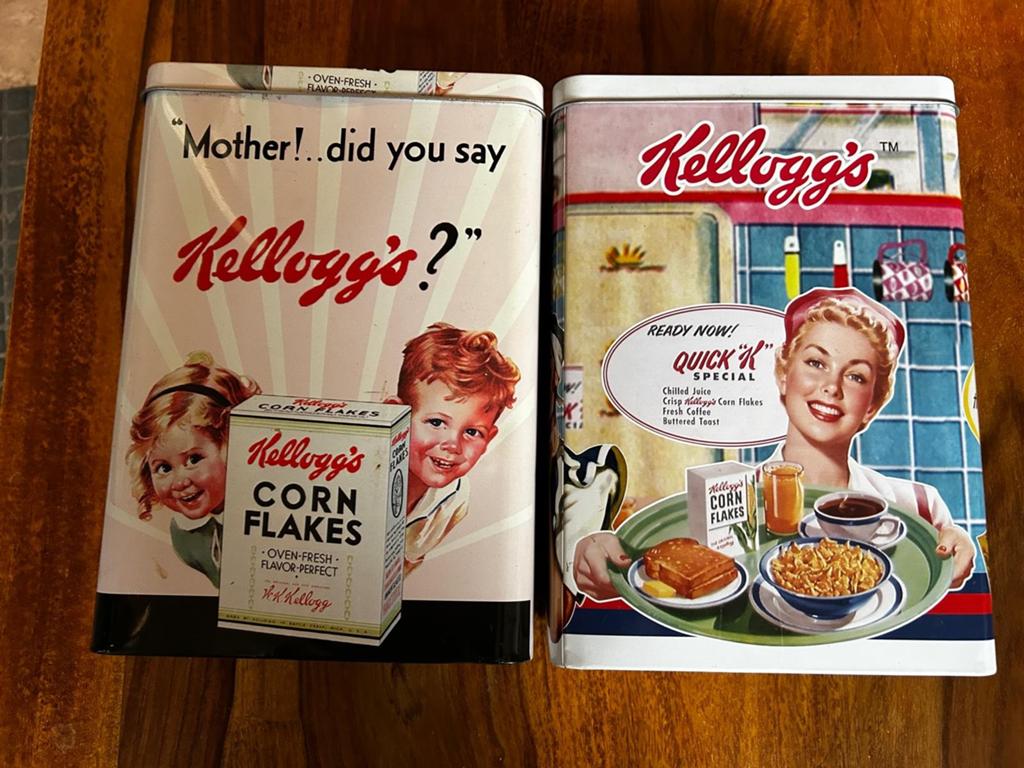 Vintage Kellogg's Corn Flakes Blikken Set - Retro Keuken, Verzamelen, Blikken, Ophalen of Verzenden