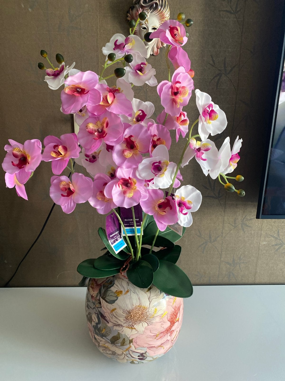 Kunst Orchideeën in Metalen Vaas - Roze/Wit - 6 Stelen, Inclusief decoratie, Ophalen of Verzenden, Zo goed als nieuw, Roze